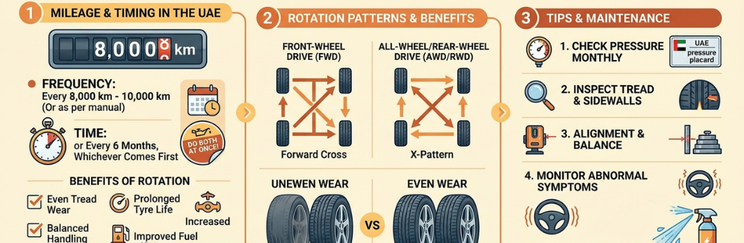 Tyre Rotation Frequency UAE: Mileage, Timing & Tips Explained